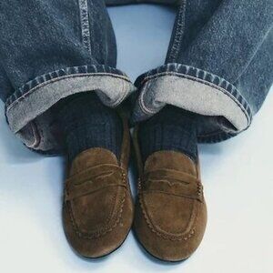 ZARA Brown Stitched Genuine Split Suede Leather Scalloped Vamp Loafer Size 6.5